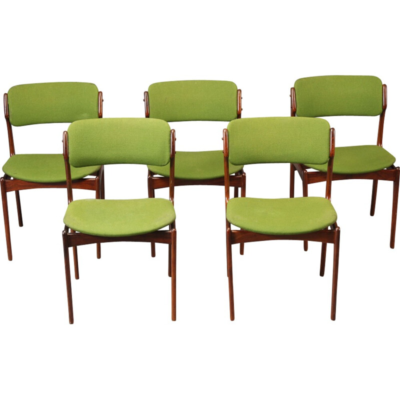 Suite de 5 chaises en palissandre et tissu vert, Erik BUCH - 1960