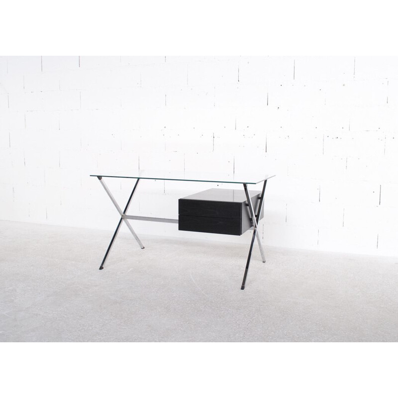 Vintage desk with clear glass top by Franco Albini for Knoll International, 1970s