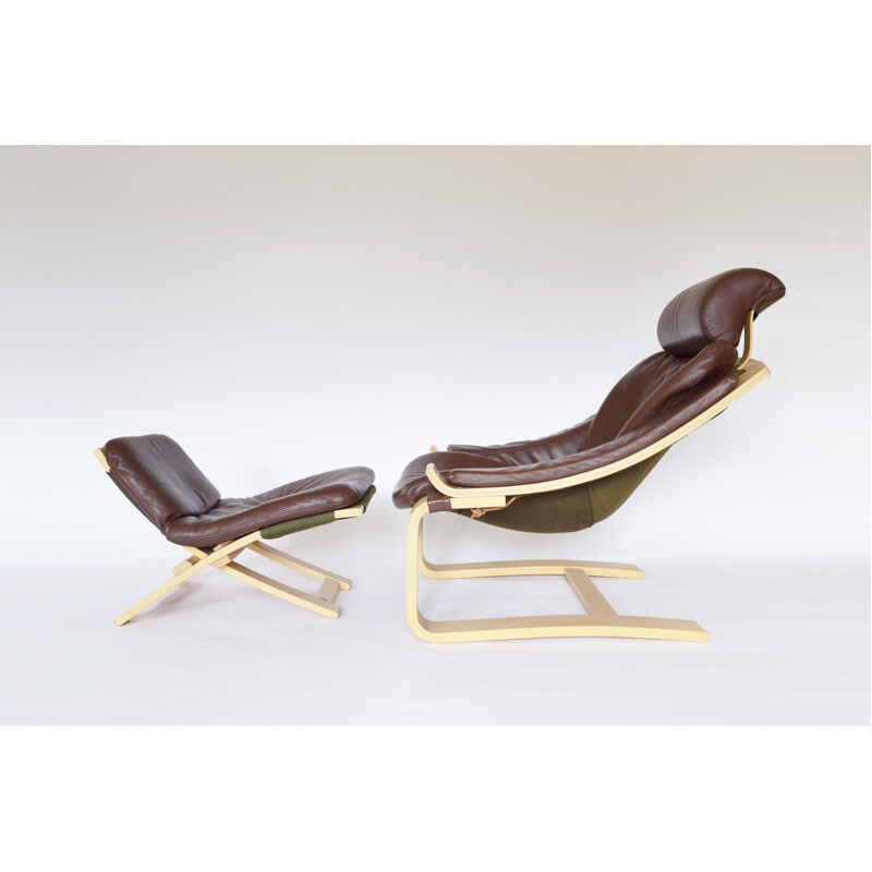 Vintage Swedish Kroken armchair and ottoman in brown leather by Ake Fribytter for Nelo Mobel, 1970s