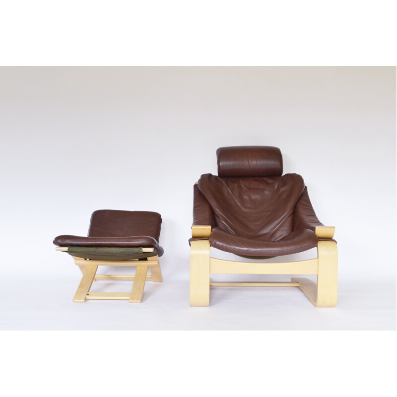 Vintage Swedish Kroken armchair and ottoman in brown leather by Ake Fribytter for Nelo Mobel, 1970s