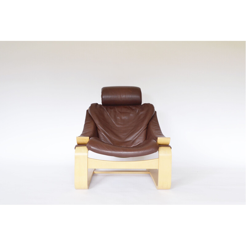 Vintage Swedish Kroken armchair and ottoman in brown leather by Ake Fribytter for Nelo Mobel, 1970s