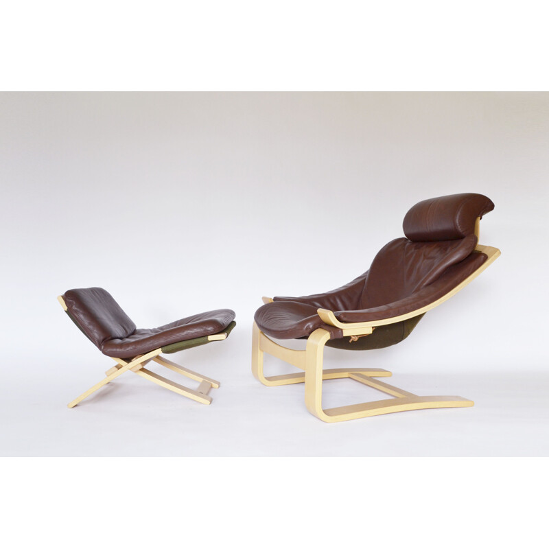 Vintage Swedish Kroken armchair and ottoman in brown leather by Ake Fribytter for Nelo Mobel, 1970s