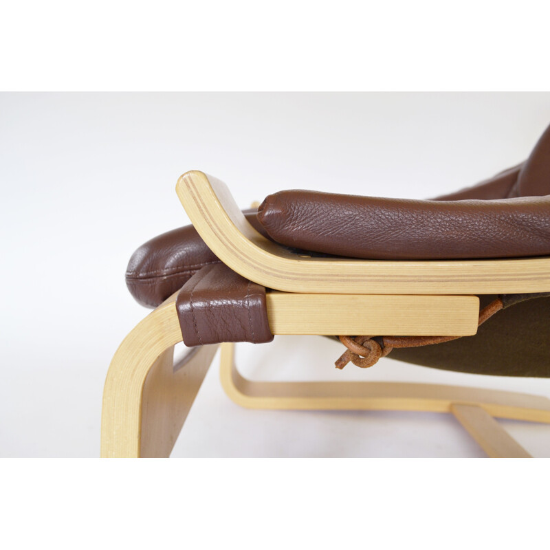 Fauteuil et ottoman Kroken vintage suédois en cuir brun par Ake Fribytter pour Nelo Mobel, 1970