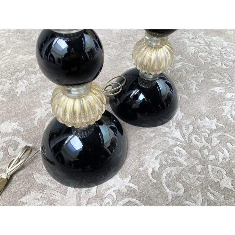 Paar vintage zwarte Murano glazen lampen van Toso, 1980