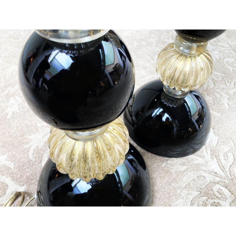 Paire de lampes noires vintage en verre de Murano par Toso, 1980