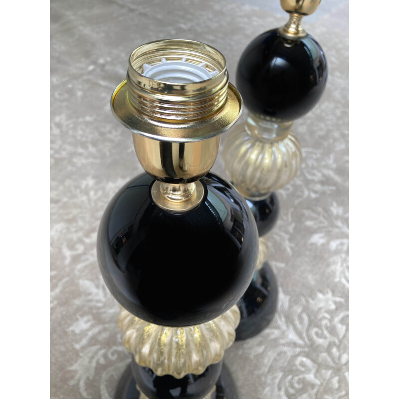 Pair of vintage black lamps in Murano glass by Toso, 1980