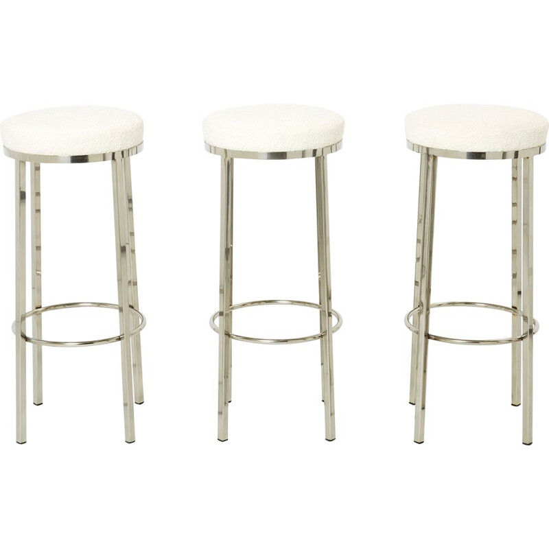 Set of 3 vintage steel and wool bar stools by Jean-Claude Mahey for Romeo Paris, 1970