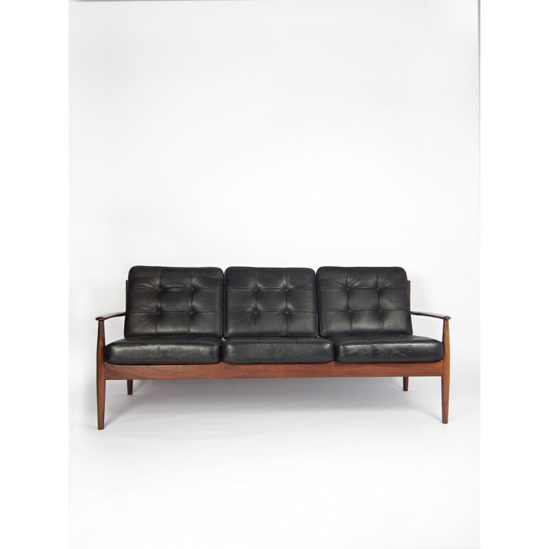 3 seater sofa in rosewood and black leather, Grete JALK - 1960s