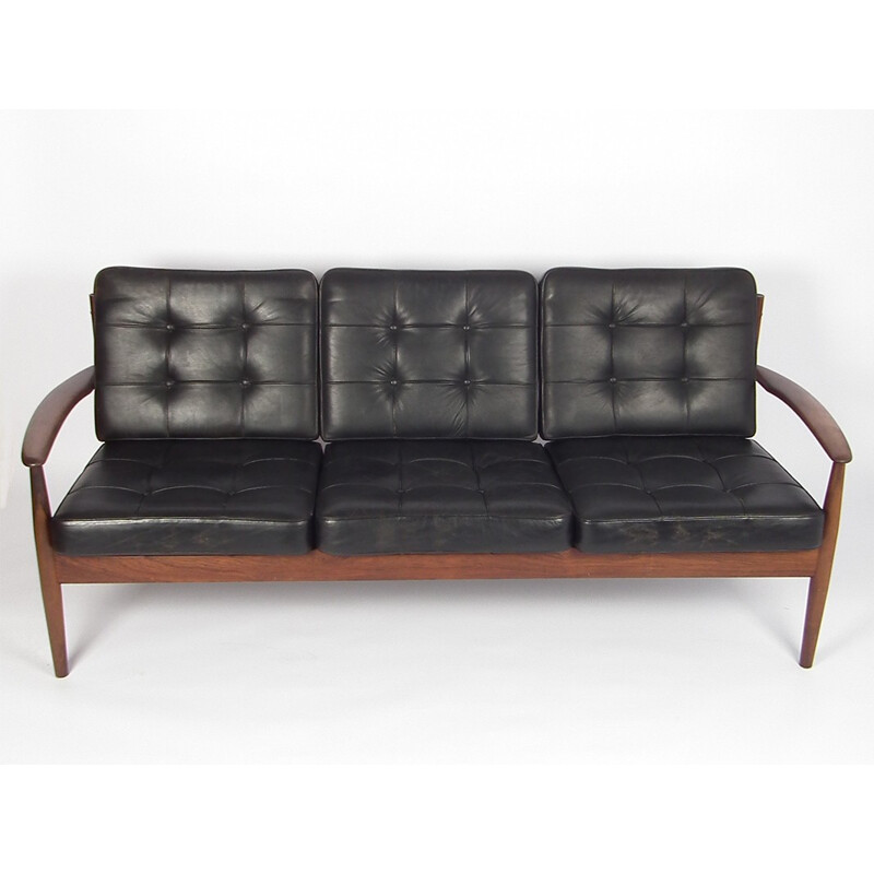 3 seater sofa in rosewood and black leather, Grete JALK - 1960s