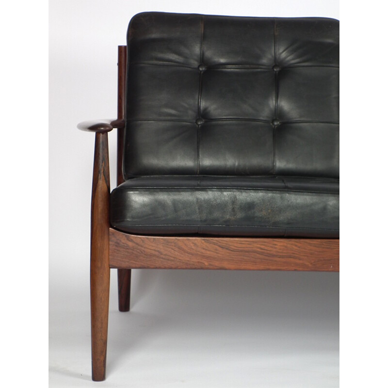 3 seater sofa in rosewood and black leather, Grete JALK - 1960s