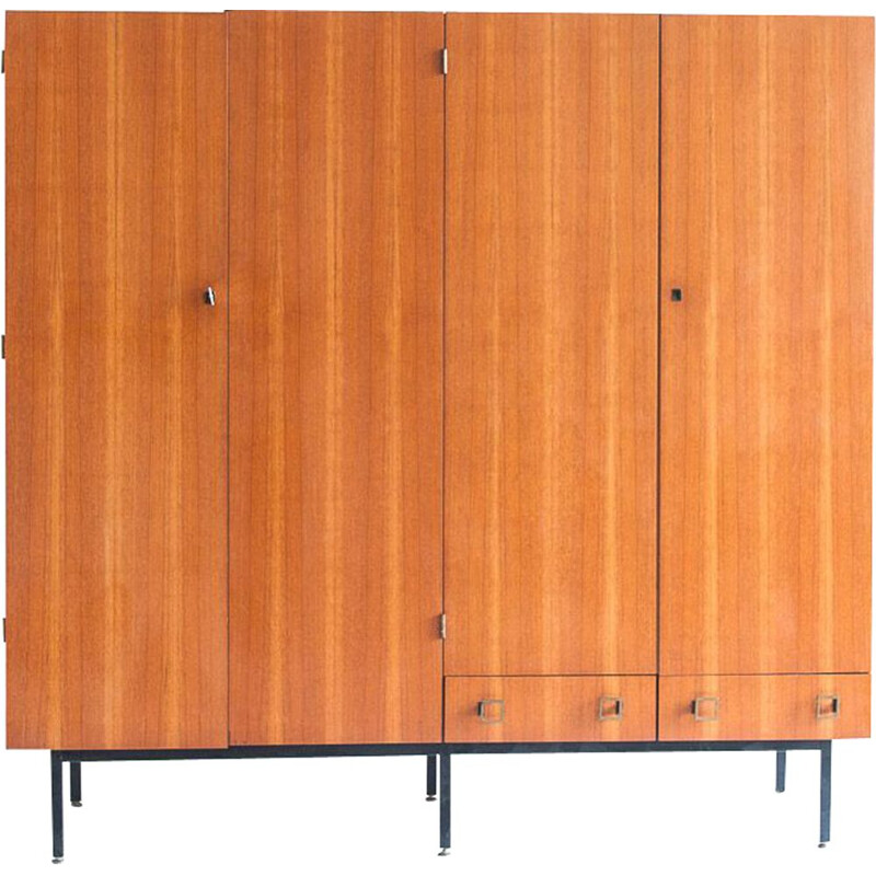 Vintage four door cabinet in teak with adjustable iron legs, France 1960