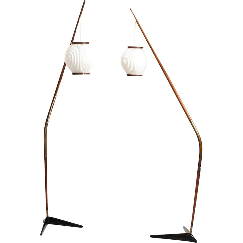 Pair of vintage teak, brass and black lacquered metal floor lamps by Svend Aage for Holm Sørensen