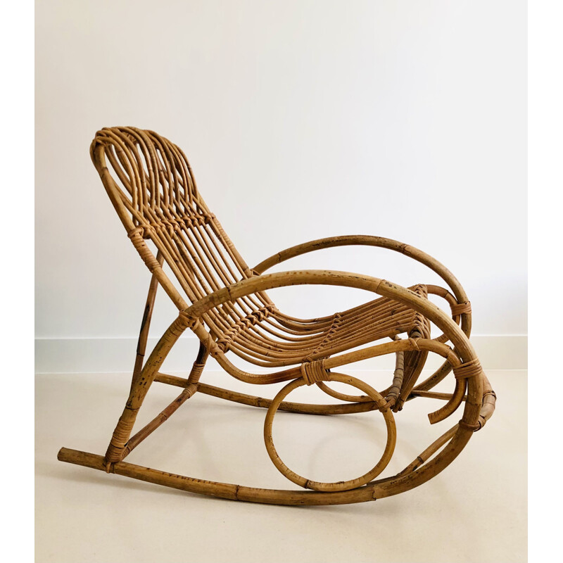 Vintage rattan rocking chair for children, Italy 1960