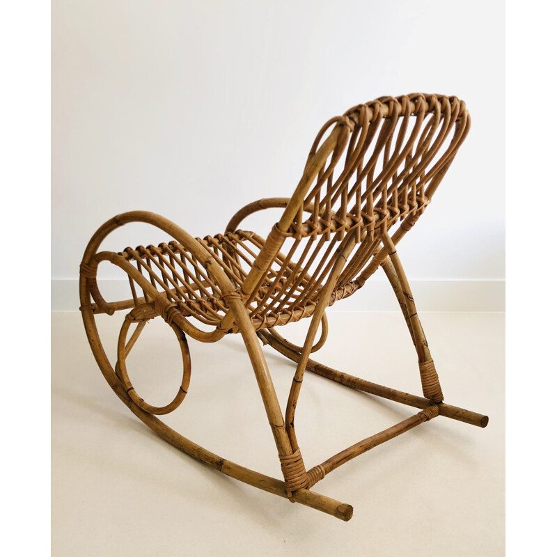 Chaise à bascule vintage pour enfant en rotin, Italie 1960