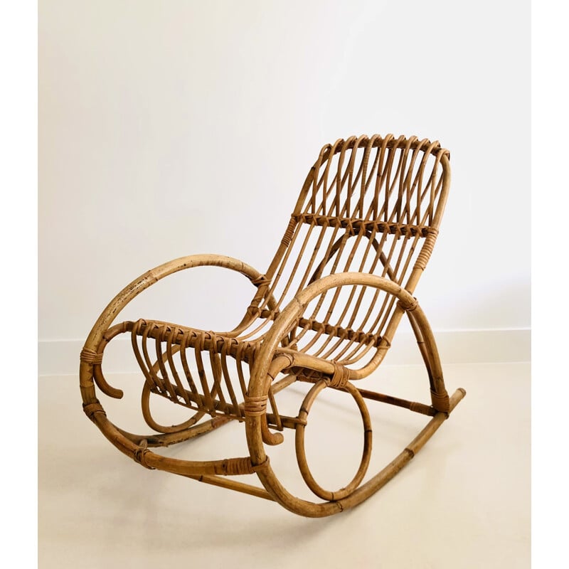 Vintage rattan rocking chair for children, Italy 1960