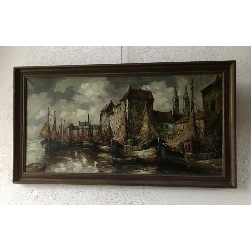 Huile sur toile vintage "Vue sur port" par C.R. Ronveaux, 1940
