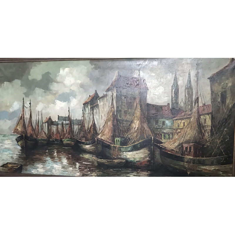 Olio su tela d'epoca "Vista del porto" di C.R. Ronveaux, 1940