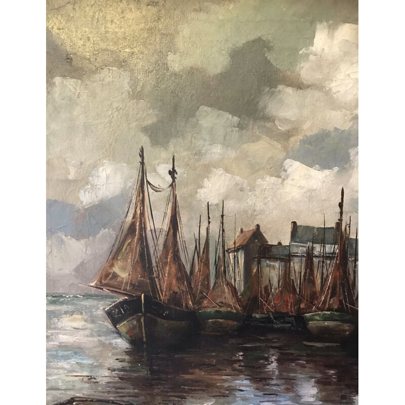 Óleo vintage sobre lienzo "Vista del puerto" de C.R. Ronveaux, 1940