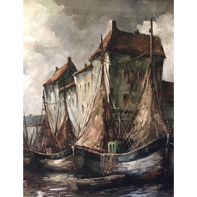 Vintage oil on canvas "View of the Harbor" by C.R. Ronveaux, 1940