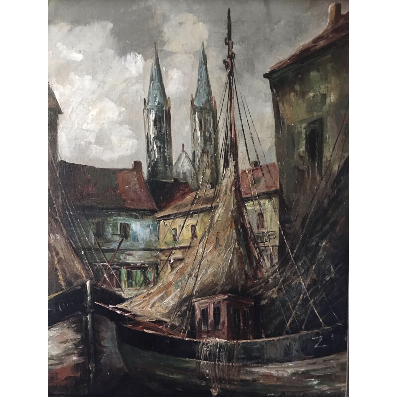 Öl auf Vintage-Leinwand "Vue sur port" von C.R. Ronveaux, 1940