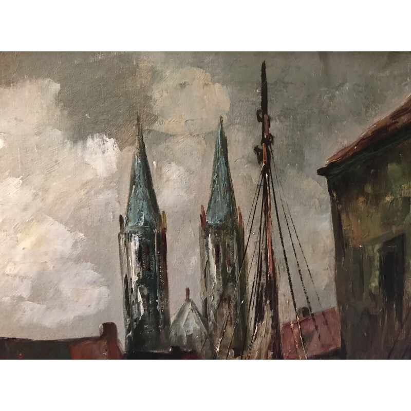 Óleo vintage sobre tela "View of the port" de C.R. Ronveaux, 1940