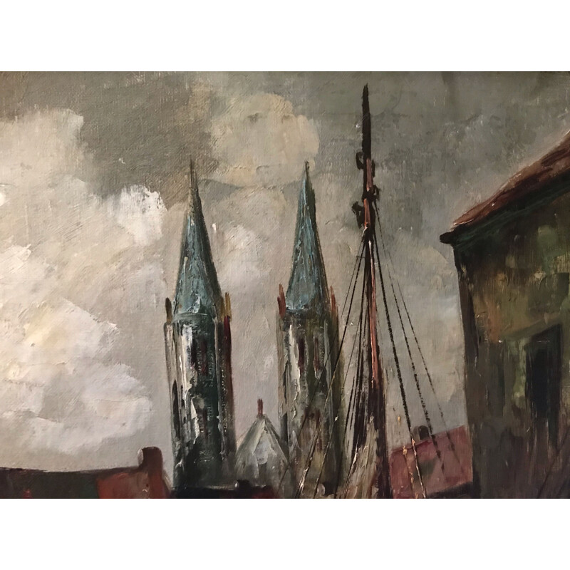 Vintage oil on canvas "View of the Harbor" by C.R. Ronveaux, 1940