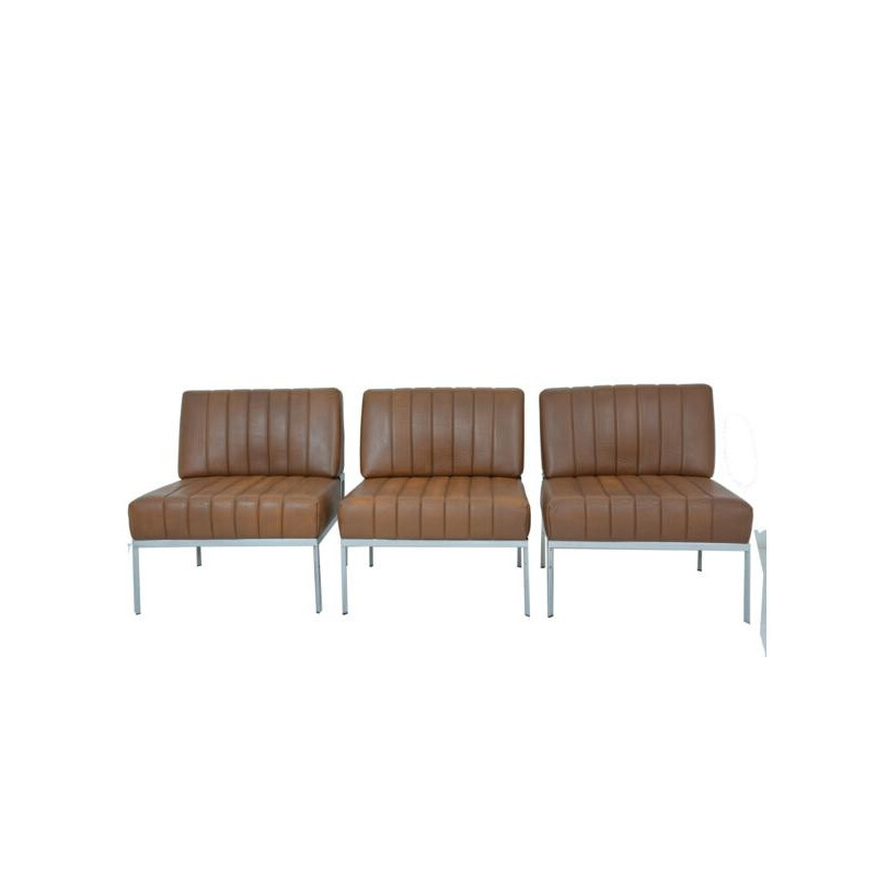Set of 3 DLG Knoll armchairs in brown leatherette - 1970s