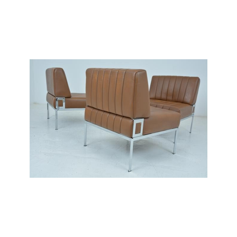 Set of 3 DLG Knoll armchairs in brown leatherette - 1970s