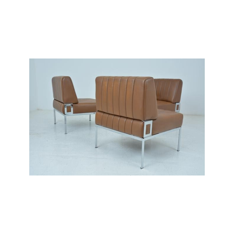 Set of 3 DLG Knoll armchairs in brown leatherette - 1970s