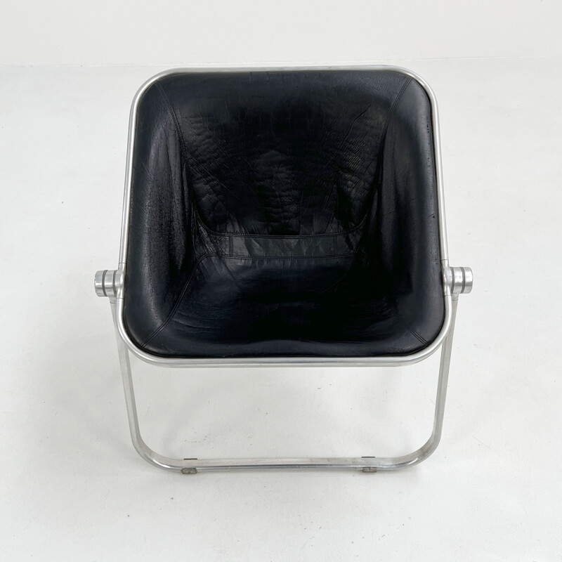 Vintage black leather Plona armchair by Giancarlo Piretti for Castelli, 1970s