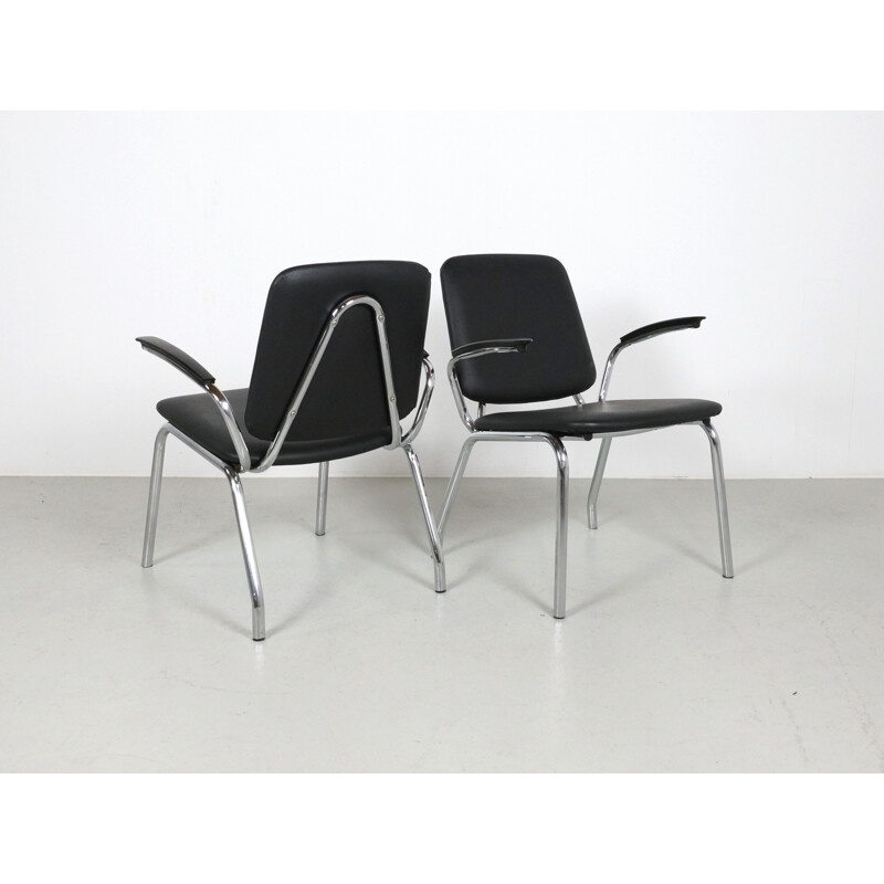 Pair of Dutch Gispen armchairs in black leatherette and steel, Martin DE WIT - 1960s