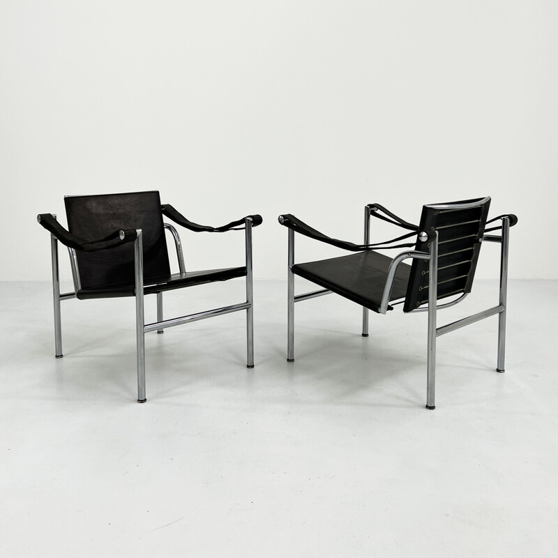 Pair of vintage black leather Lc1 armchairs by Le Corbusier for Cassina, 1970s