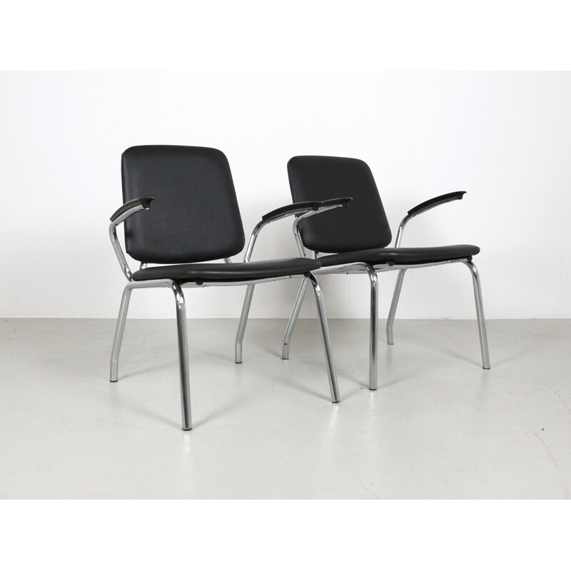 Pair of Dutch Gispen armchairs in black leatherette and steel, Martin DE WIT - 1960s