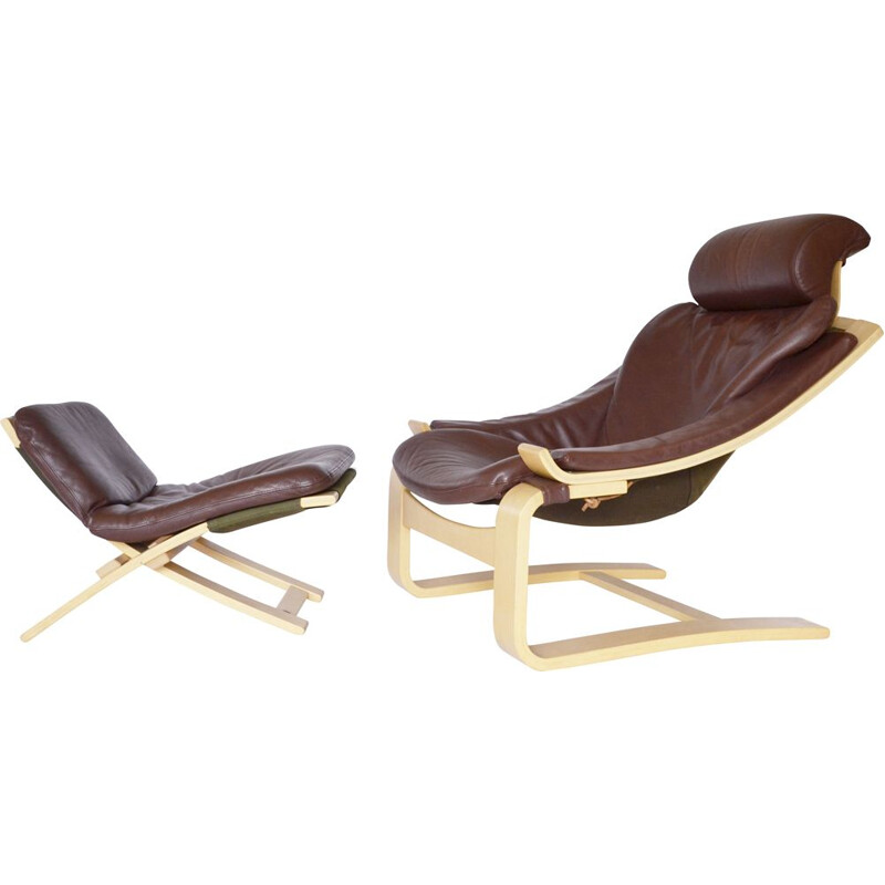 Vintage Swedish Kroken armchair and ottoman in brown leather by Ake Fribytter for Nelo Mobel, 1970s