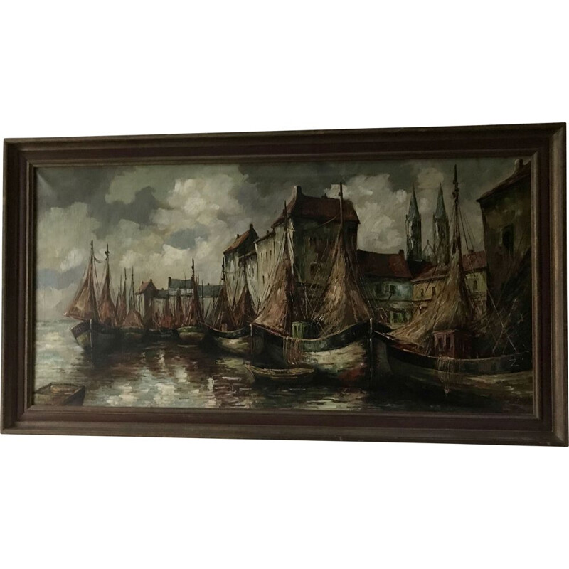 Vintage oil on canvas "View of the Harbor" by C.R. Ronveaux, 1940