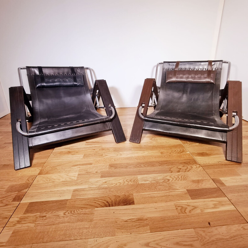 Paar vintage houten en lederen fauteuils van Sonja Wasseur voor Wasseur Studio, Nederland 1960