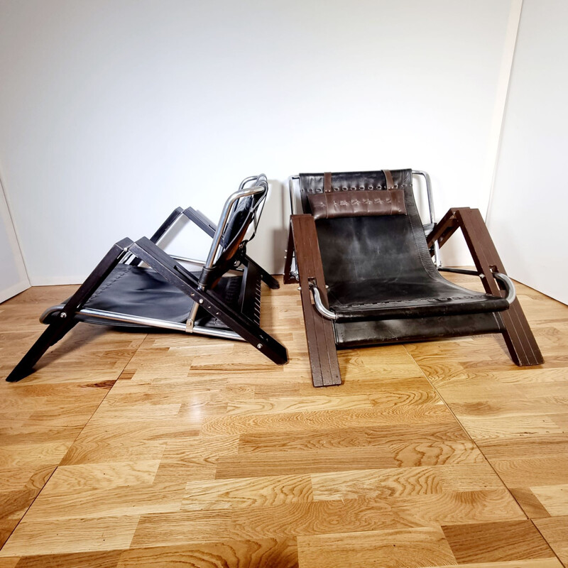 Pareja de sillones vintage de madera y cuero de Sonja Wasseur para Wasseur Studio, Países Bajos 1960