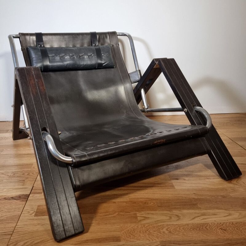 Paar vintage houten en lederen fauteuils van Sonja Wasseur voor Wasseur Studio, Nederland 1960