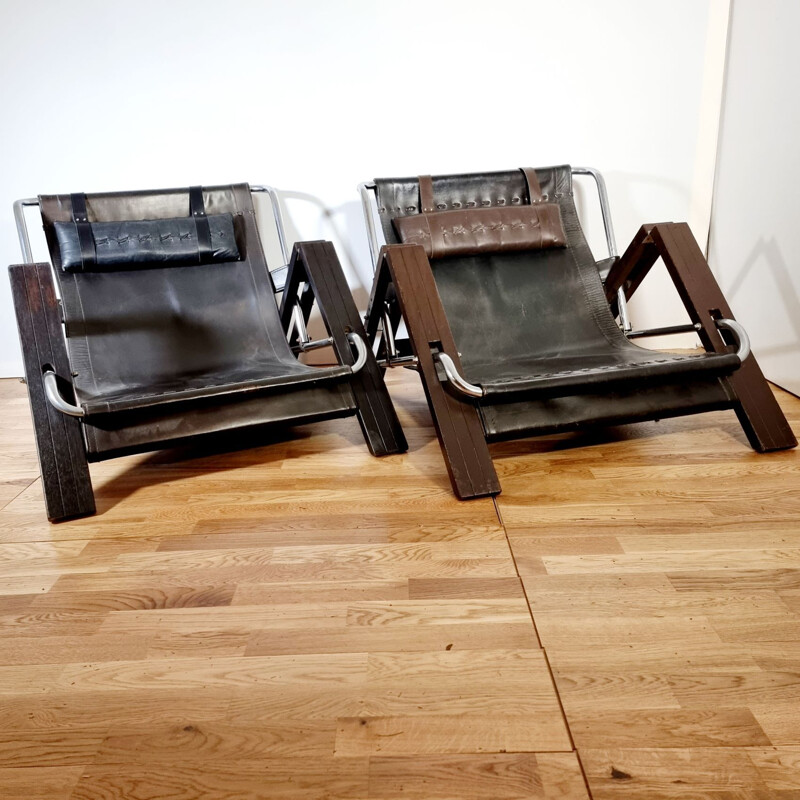 Pair of vintage wood and leather armchairs by Sonja Wasseur for Wasseur Studio, Netherlands 1960