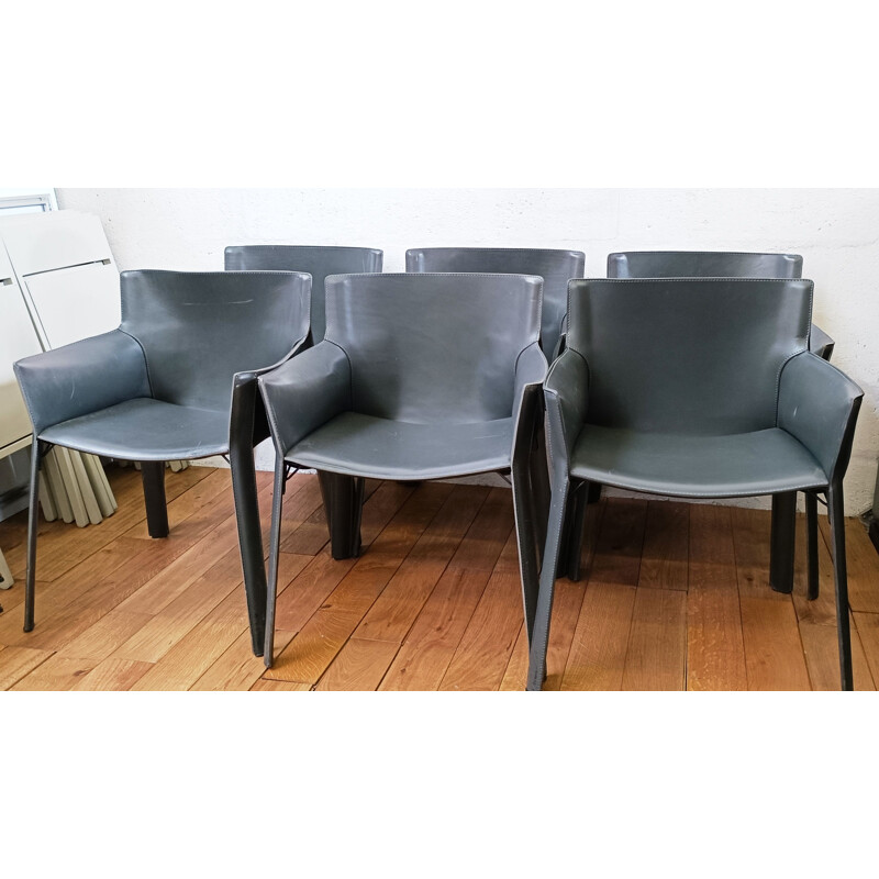 Vintage P90 chairs in metal and grey leather by Giancarlo Vegni for Fasem