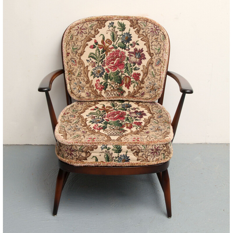 Vintage british armchair with floral fabric by Luigi Ercolani for Ercol, 1950s