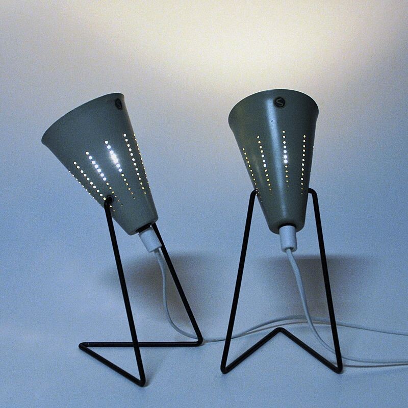 Paar vintage roomwitte metalen tafellampen van Svend Aage Holm-Sørensen voor Asea, Zweden 1950