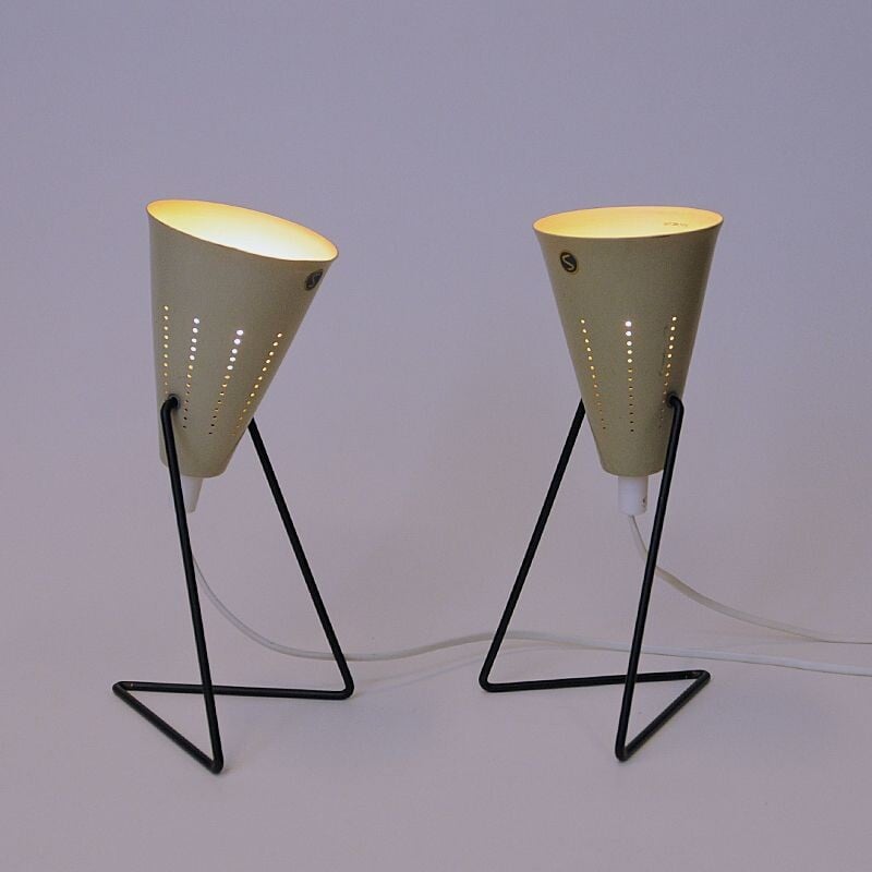 Pair of vintage creamy white metal table lamps by Svend Aage Holm-Sørensen for Asea, Sweden 1950