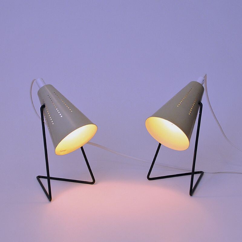 Pair of vintage creamy white metal table lamps by Svend Aage Holm-Sørensen for Asea, Sweden 1950