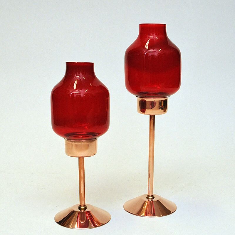 Pair of vintage bronze candlesticks with red glass domes by Gnosjö Konstmide, Sweden 1960