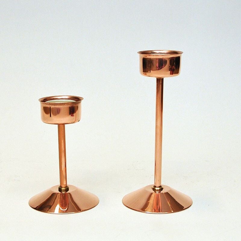 Pair of vintage bronze candlesticks with red glass domes by Gnosjö Konstmide, Sweden 1960