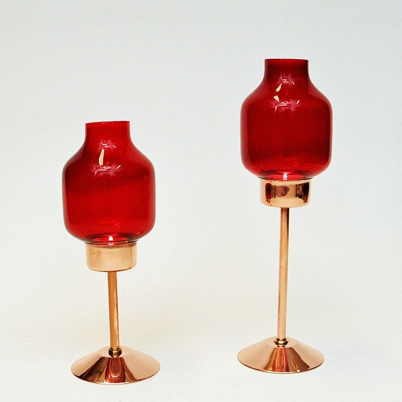 Pair of vintage bronze candlesticks with red glass domes by Gnosjö Konstmide, Sweden 1960