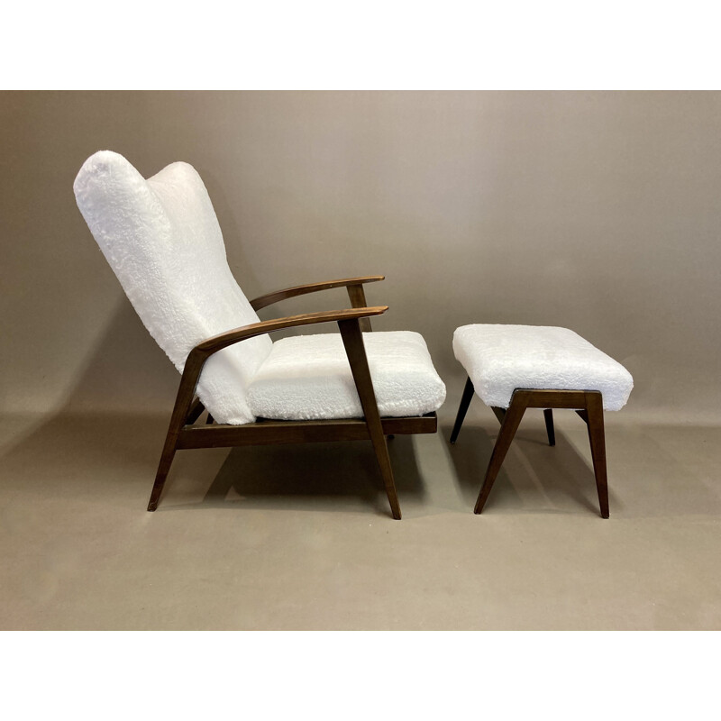 Vintage armchair and ottoman in velvet and walnut by Knoll Antimott, 1950s