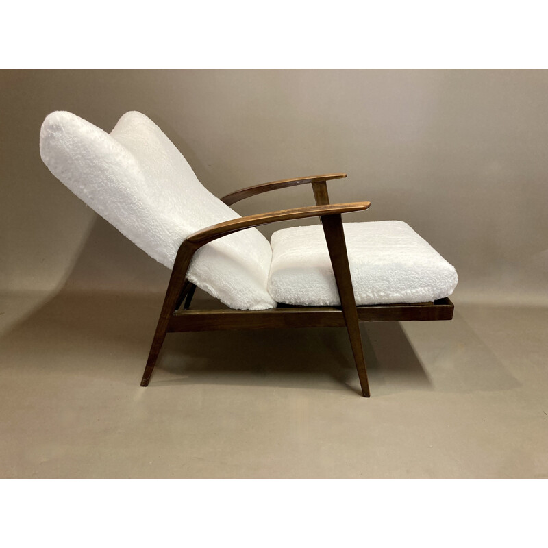 Vintage armchair and ottoman in velvet and walnut by Knoll Antimott, 1950s