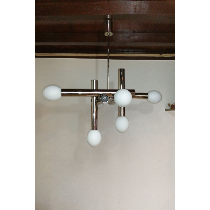 Vintage chandelier with 6 chrome tubes and molded glass by Gaetano Sciolari, 1970